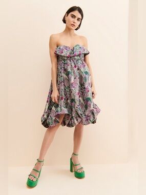 Anna Sui Floral Jacquard Strapless Dress Green Purple Floral Size 6